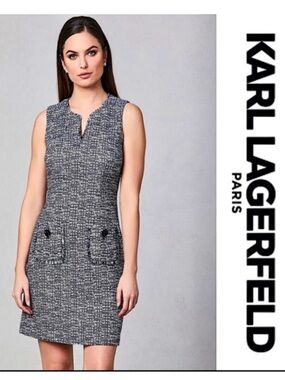 Karl Lagerfeld Black & White Tweed Pocket Shift Dress size 6 vneck Fringe zipper